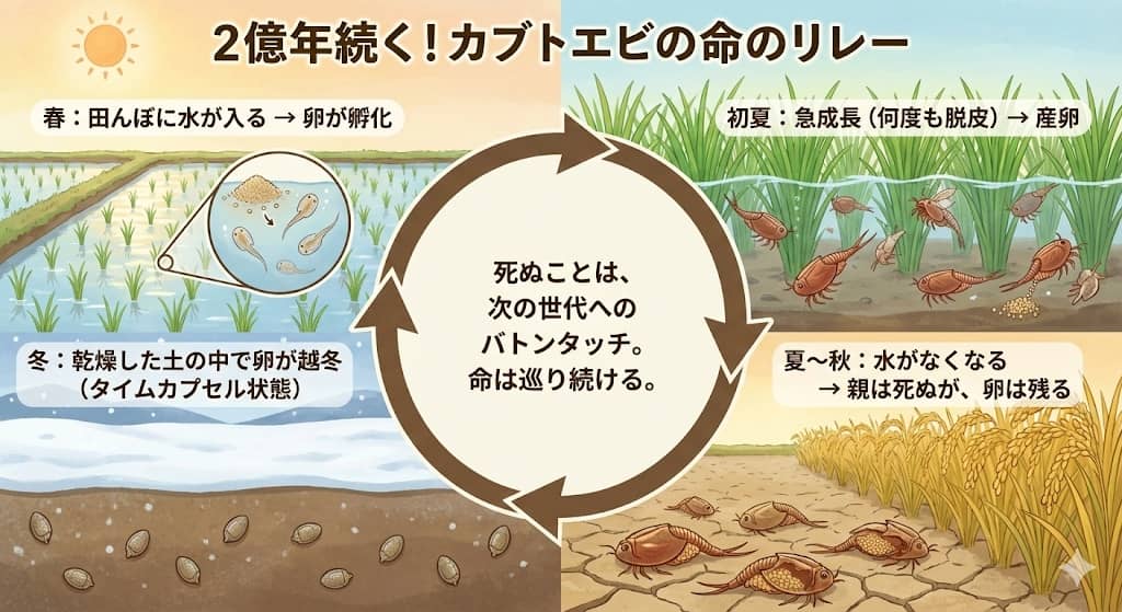 カブトエビの「命のサイクル」図解