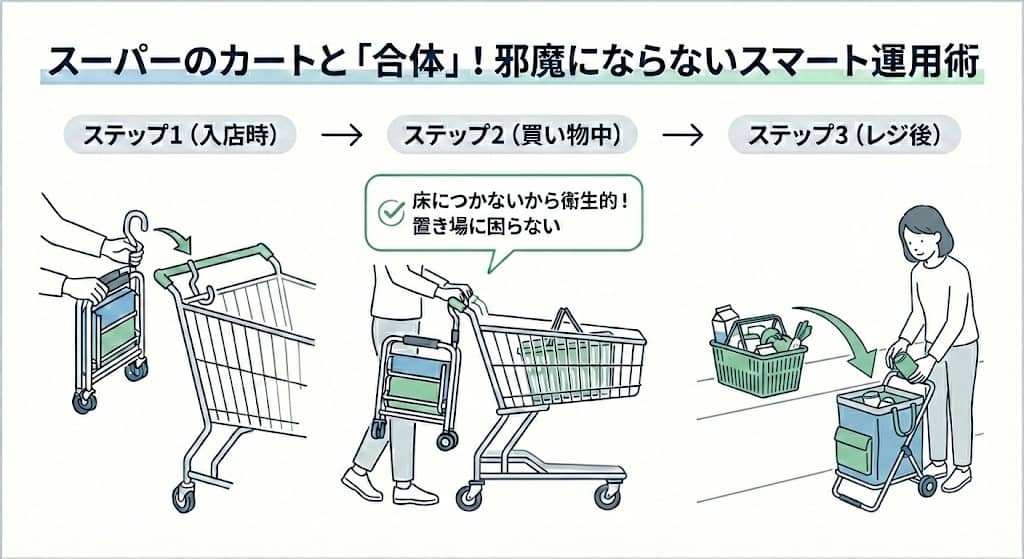 スーパー店内での「フック掛け」運用フロー図