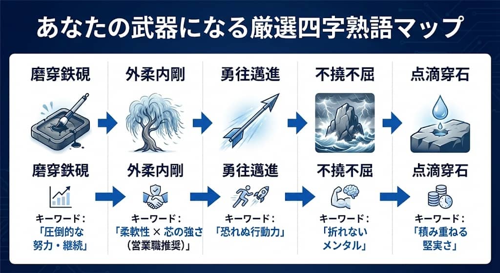 ビジネスで評価される厳選四字熟語5選のイメージ図解