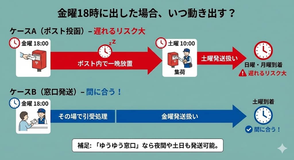 ポスト投函（集荷後）と窓口発送のタイムライン比較