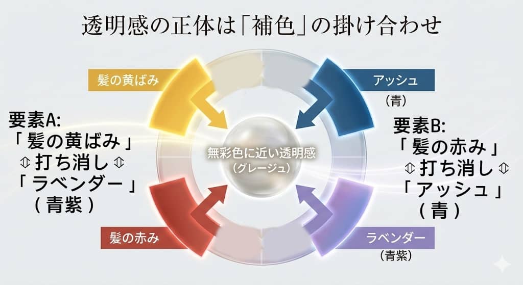 ラベンダーアッシュの補色効果を示す色相環