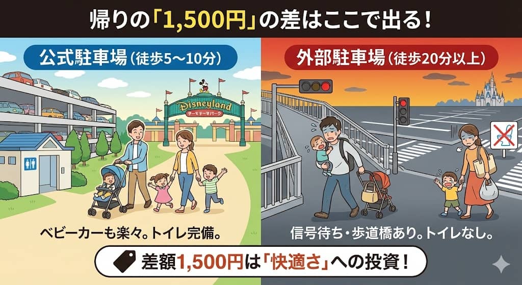 公式駐車場 vs 外部駐車場の「距離」と「疲労度」比較