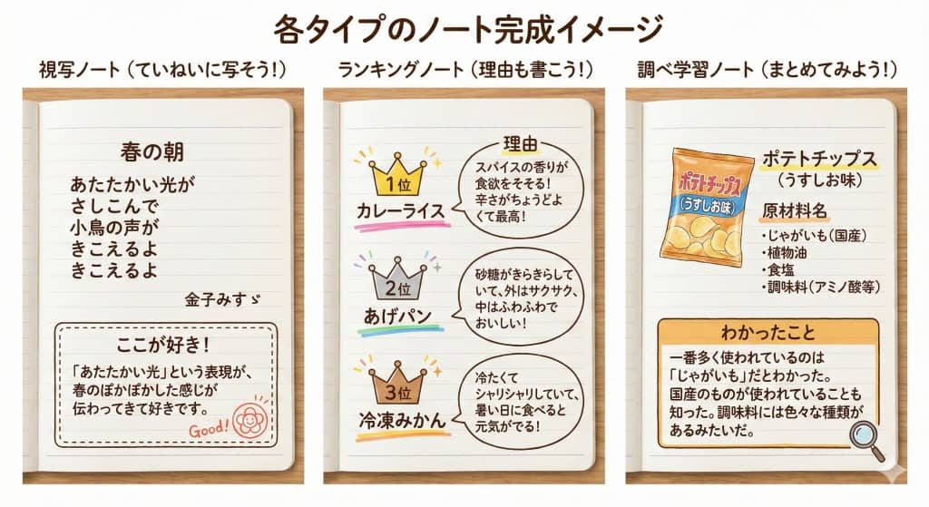 各タイプのノート完成イメージ