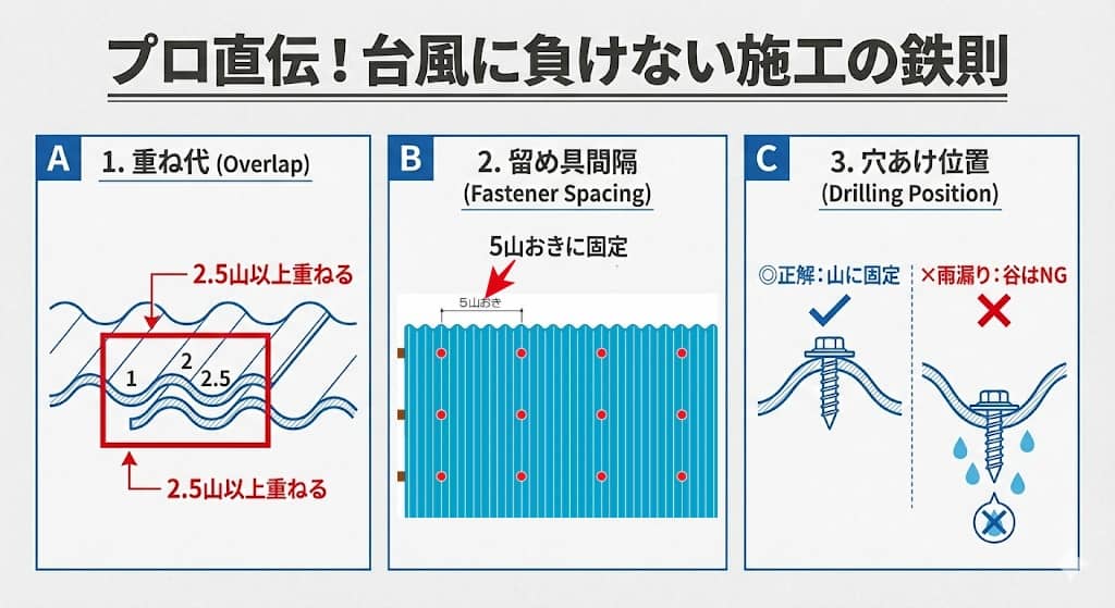 波板施工の3大鉄則（重ね代・ピッチ・穴あけ位置）