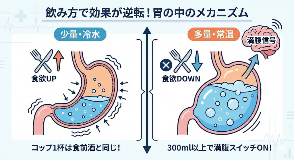 炭酸水の摂取量による胃の反応の違い