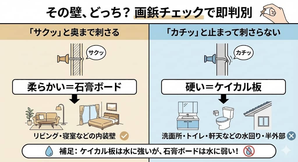 画鋲で一発判別！石膏ボード vs ケイカル板