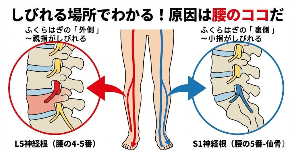 足のしびれ部位と腰椎神経根の対応図
