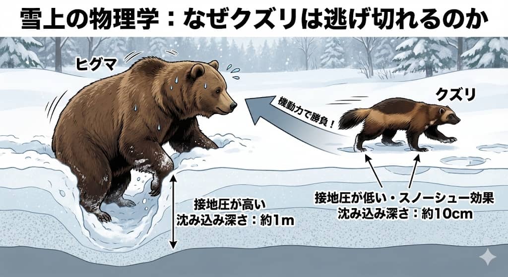 雪上におけるヒグマの沈み込み深さと、クズリの接地圧の違いを示す比較イラスト