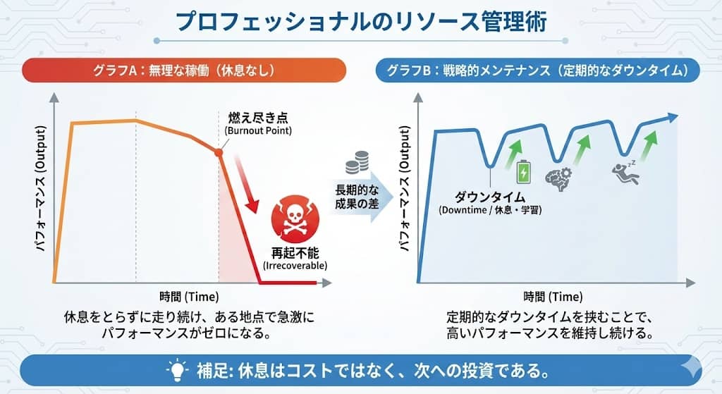 「無理な稼働」と「戦略的メンテナンス」の長期パフォーマンス比較