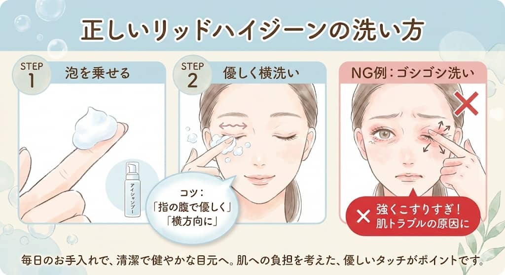 まつげの根元を洗う指の動き