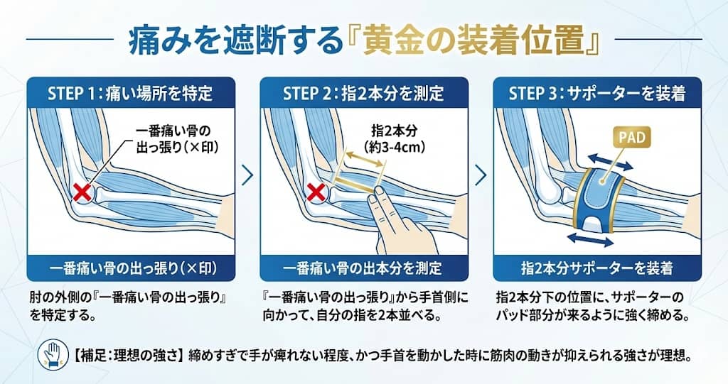 テニス肘サポーター「指2本ルール」の装着位置