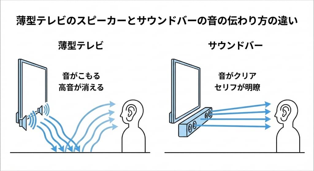 テレビのスピーカーとサウンドバーの音の伝わり方の違い