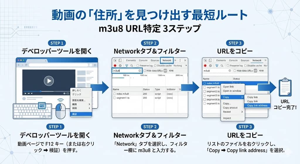 ブラウザからm3u8 URLを特定する3ステップ
