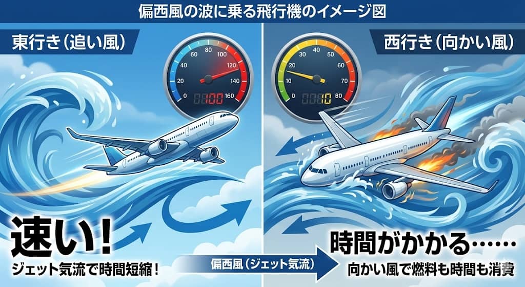 偏西風の波に乗る飛行機のイメージ図