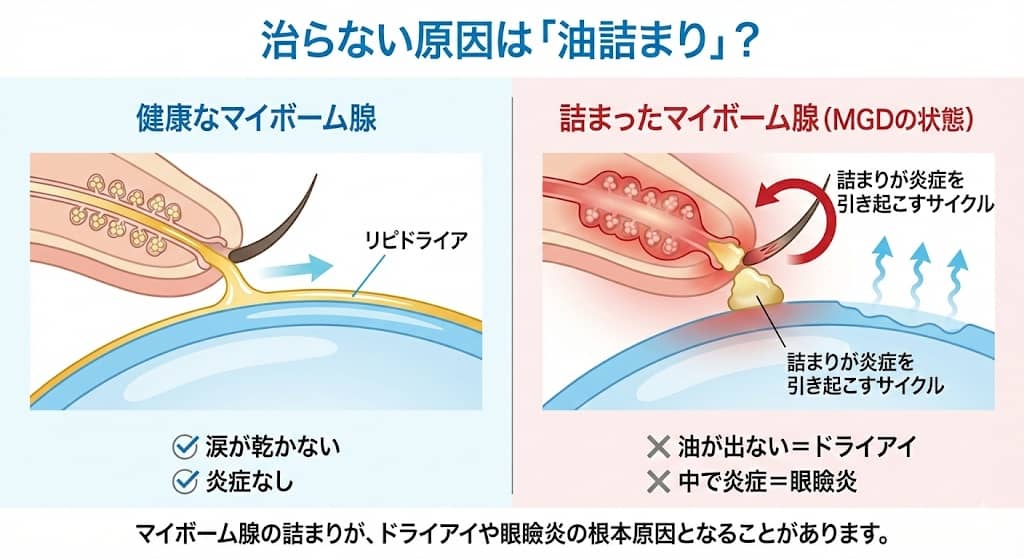 健康なマイボーム腺 vs 詰まったマイボーム腺
