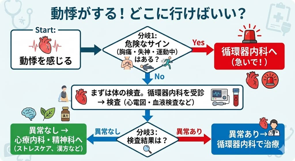 動悸を感じた時の受診フローチャート