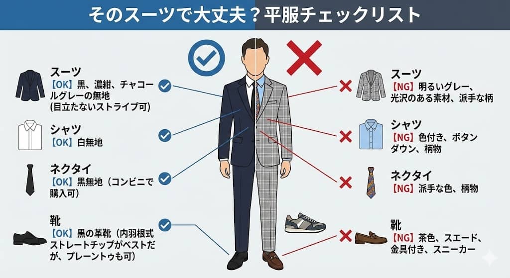 急な参列！平服（ダークスーツ）のOK／NGチェックリスト
