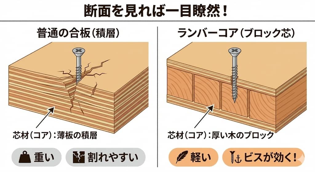 普通の合板（積層）とランバーコア（ブロック芯）の断面比較