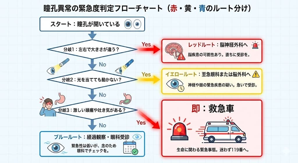 瞳孔異常の緊急度判定フローチャート