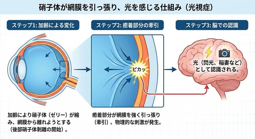 硝子体が網膜を引っ張り、光を感じる仕組み
