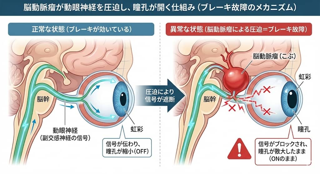 脳動脈瘤が動眼神経を圧迫し、瞳孔が開く仕組みの断面図