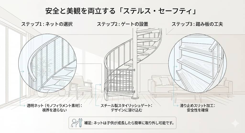 螺旋階段の安全対策と視覚的透過性のシミュレーション