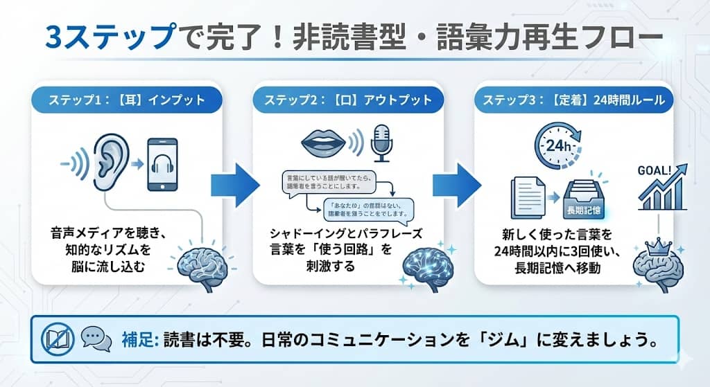 認知語彙を使用語彙へ移動させる「耳と口のトレーニング」フロー