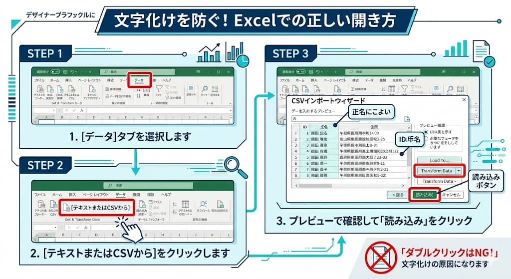 Excelでの正しいCSV取り込み手順