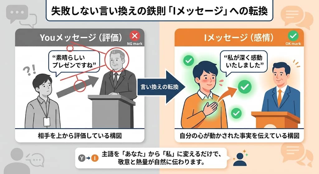 「Youメッセージ（評価）」と「Iメッセージ（感情）」の構造の違いを示す比較図