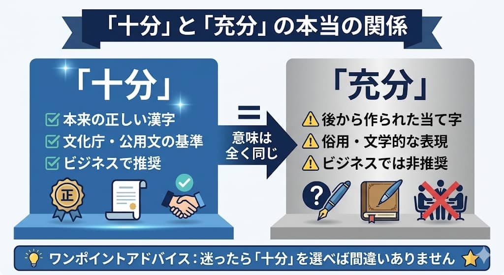 「十分」と「充分」の関係性を示す対比図