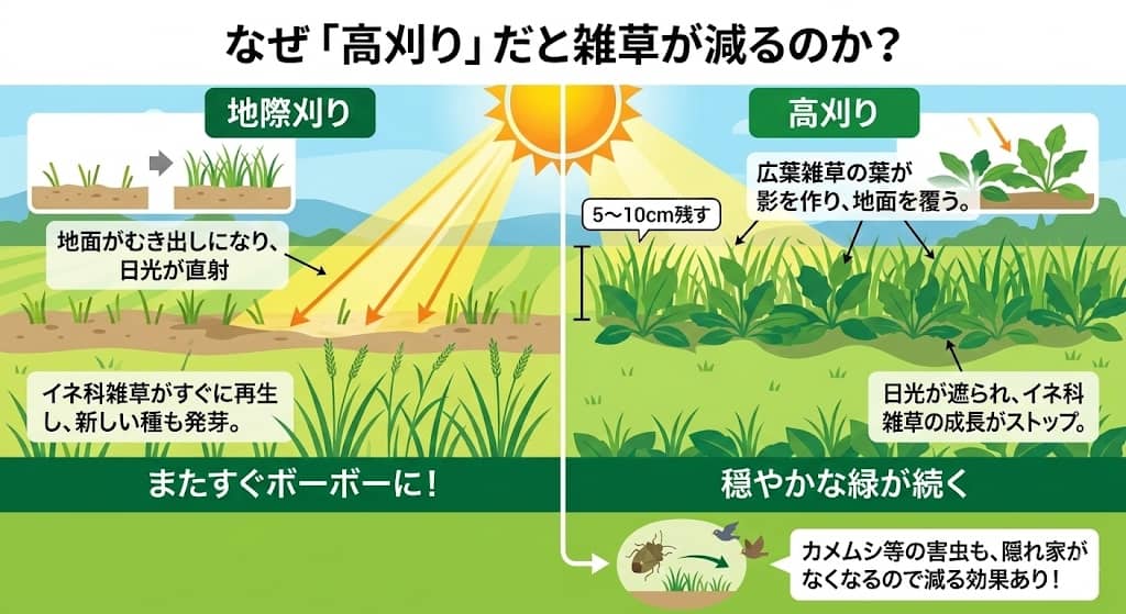 「地際刈り」vs「高刈り」の雑草再生メカニズム比較
