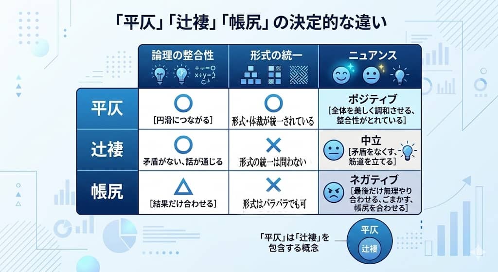 「平仄」「辻褄」「帳尻」の違いを比較するマトリクス図