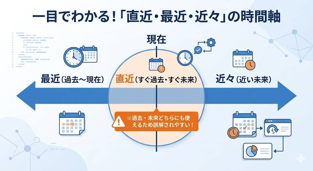 「直近・最近・近々」の時間軸の違いを示すタイムライン図