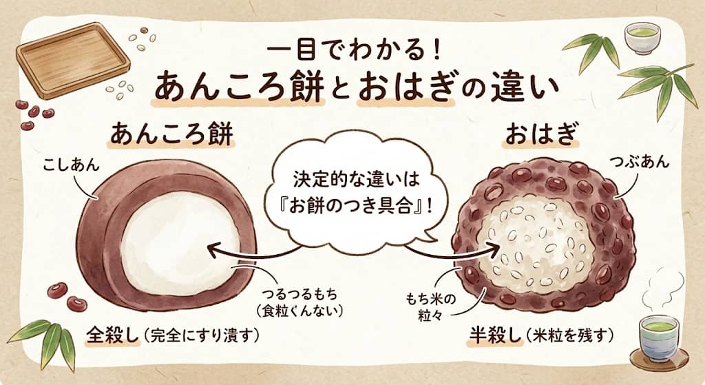 あんころ餅とおはぎの断面図比較