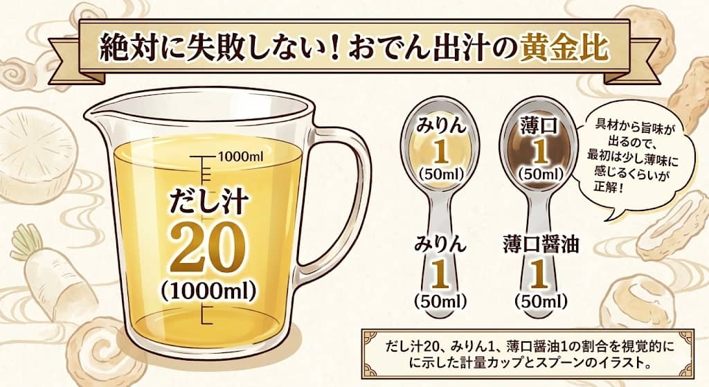 おでん出汁の黄金比（20：1：1）の視覚化