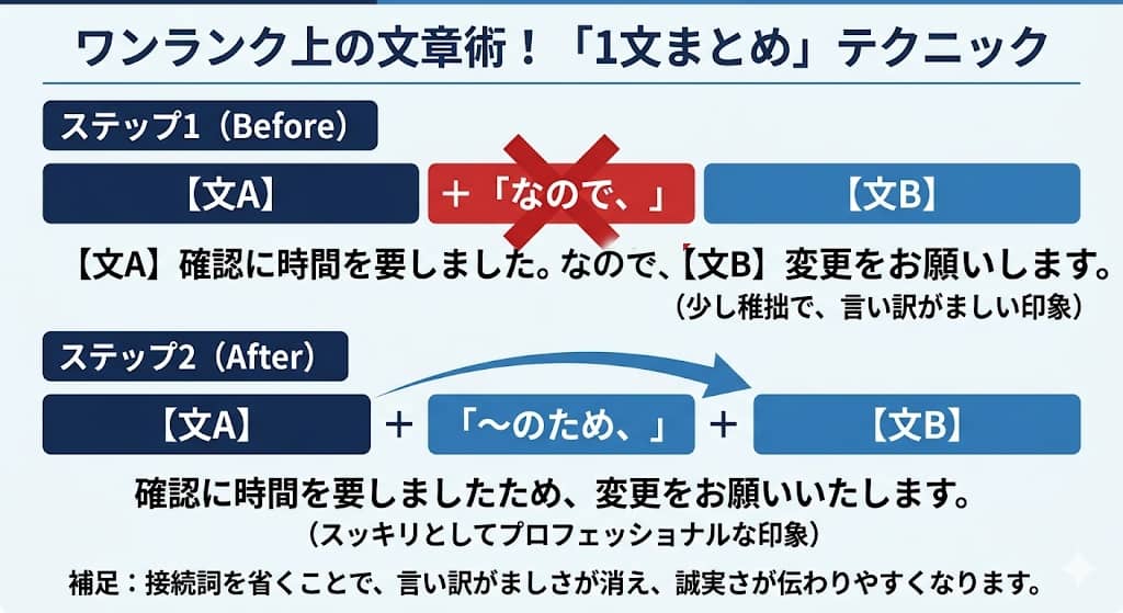 「なので」を使わず1文にまとめる構造の図解