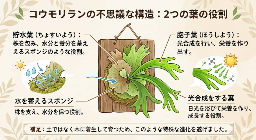 コウモリランの2種類の葉（貯水葉と胞子葉）の役割図解