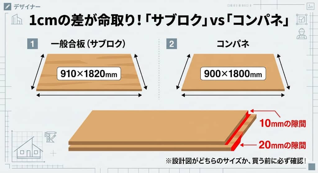 コンパネと一般合板のサイズ差の視覚化