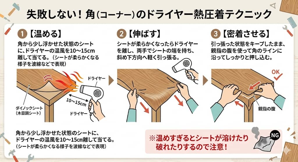 ドライヤーを使った角（コーナー）の熱圧着手順