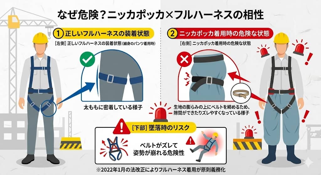 ニッカポッカとフルハーネスの干渉図解