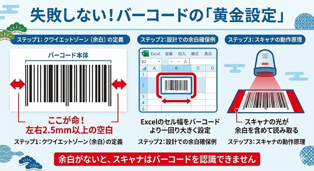 バーコード読み取りを成功させる「黄金の余白」図解