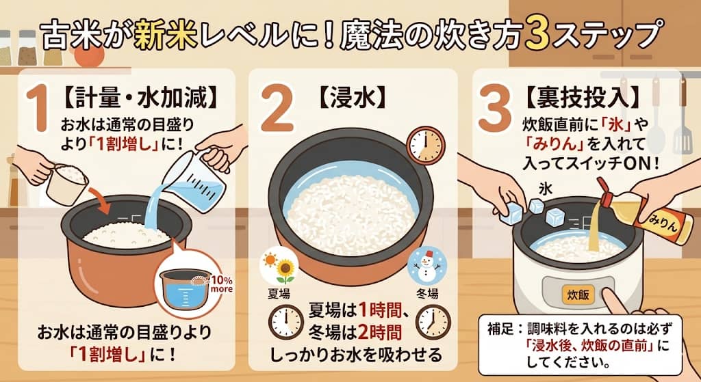 古米を美味しく炊くための3ステップ