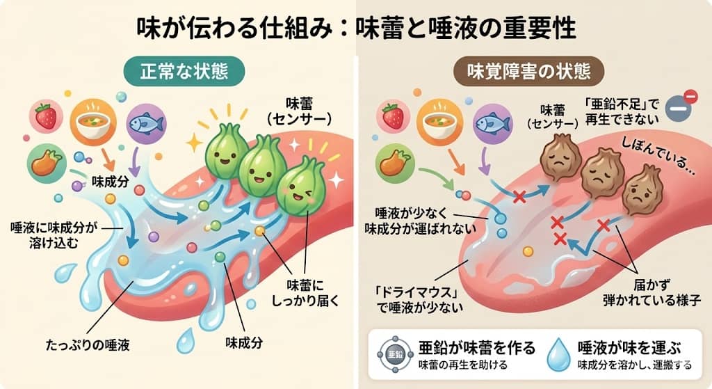 味蕾と唾液の関係性を示すイラスト