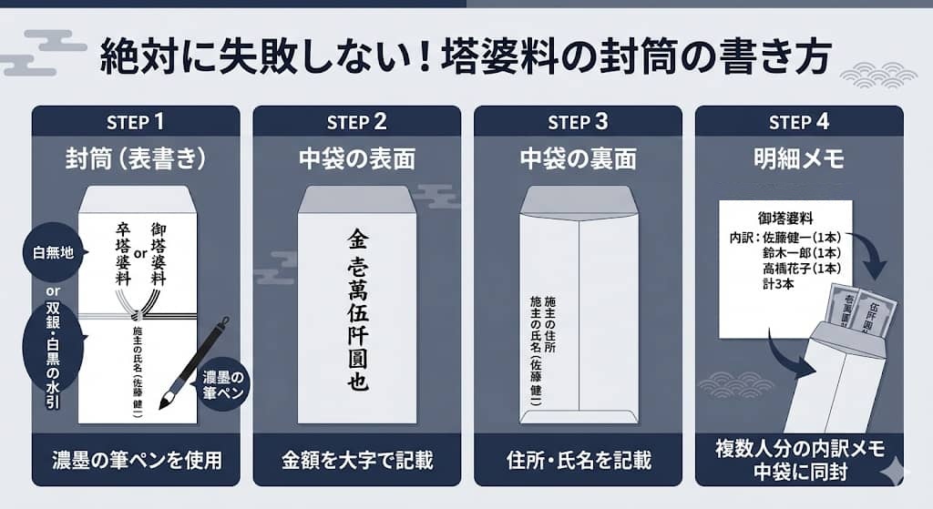 塔婆料の封筒(表書き・中袋・明細メモ)の書き方図解