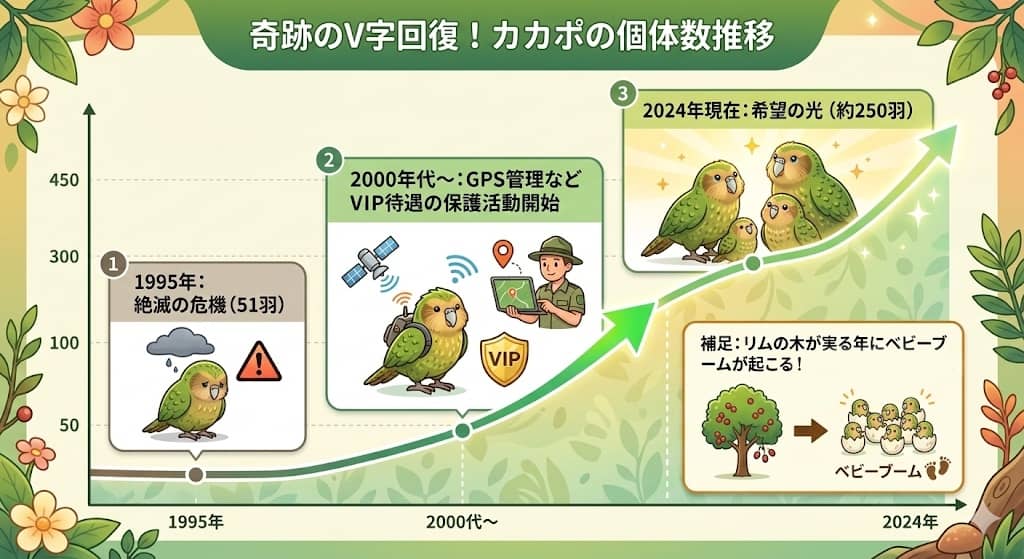 奇跡のV字回復！カカポの個体数推移