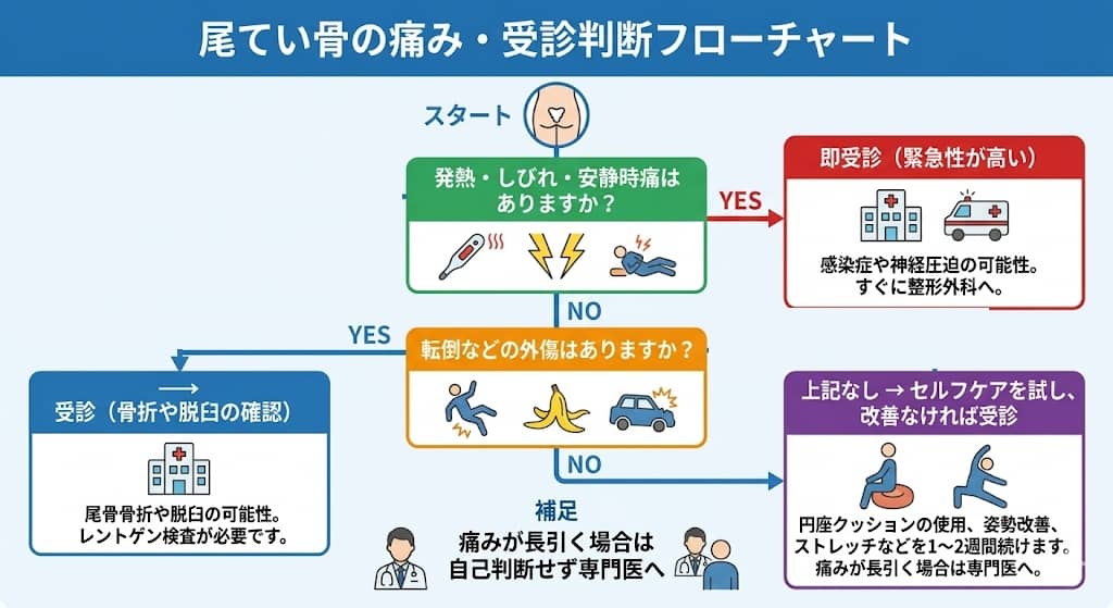 尾てい骨痛の受診判断フローチャート