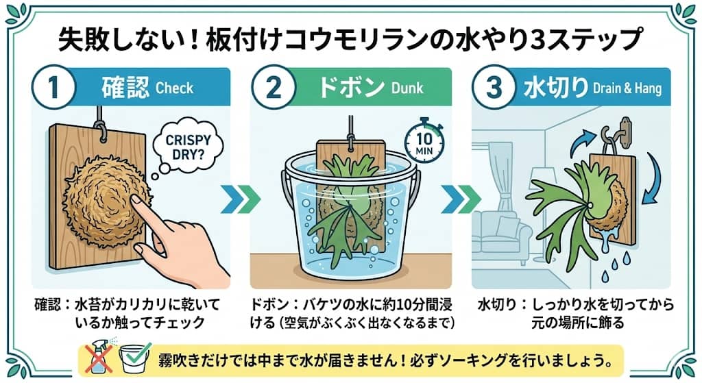 板付けコウモリランの正しい水やり（ソーキング）の3ステップ