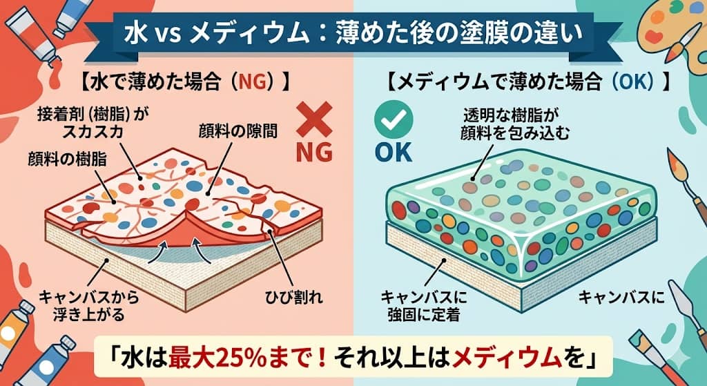 水で薄めた場合とメディウムで薄めた場合の塗膜比較