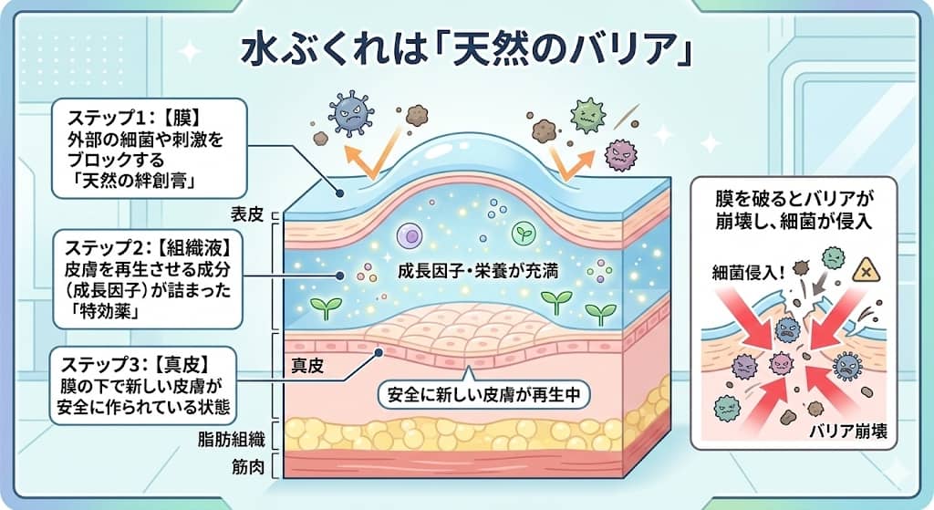 水ぶくれの内部構造とバリア機能の図解
