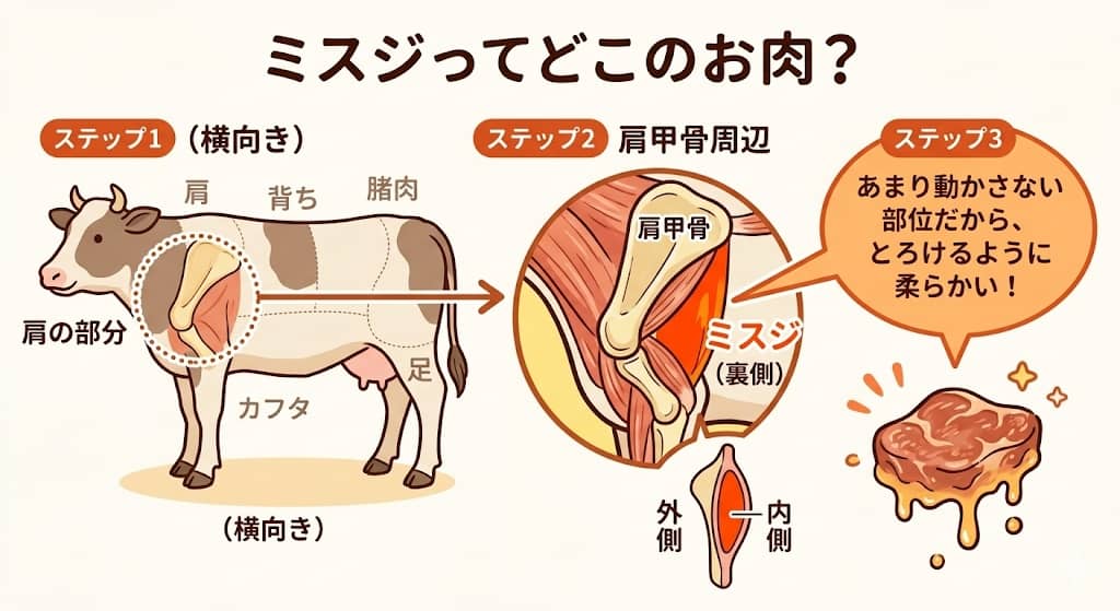 牛の部位イラスト（ミスジの位置）